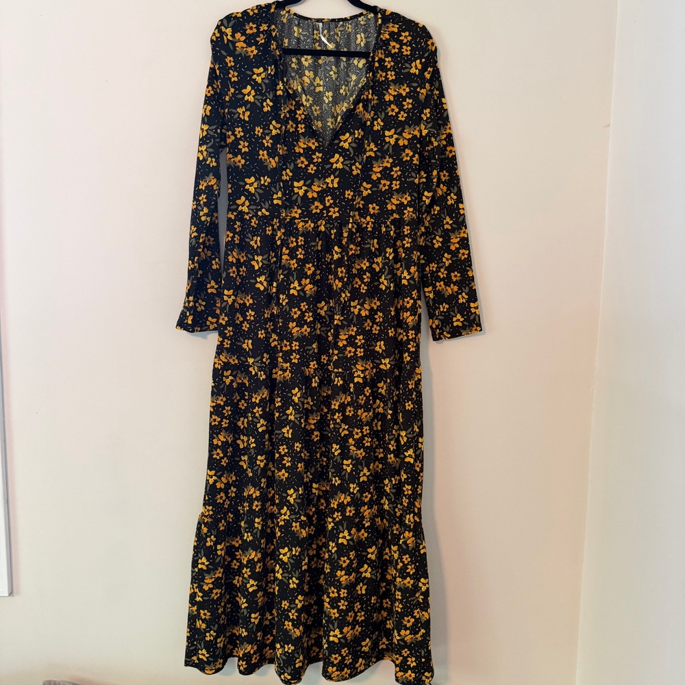Free People Boho Floral Tiered Maxi Dress Black Yellow Womens Large - Picture 1 of 8